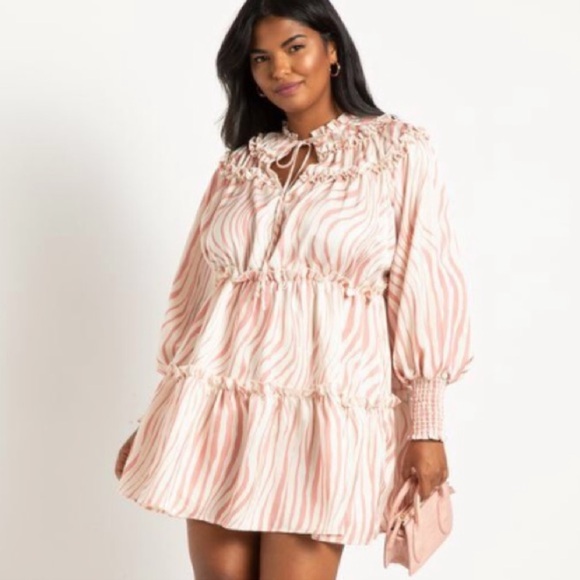 Eloquii Dresses & Skirts - Eloquii Satin Ruffle Stripe Long Sleeve Mini Dress Size 14/16 Wedding Guest